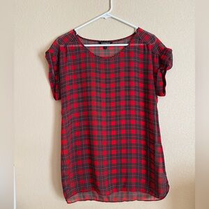 Express Red and Black Plaid Short-Sleeve Tunic Top